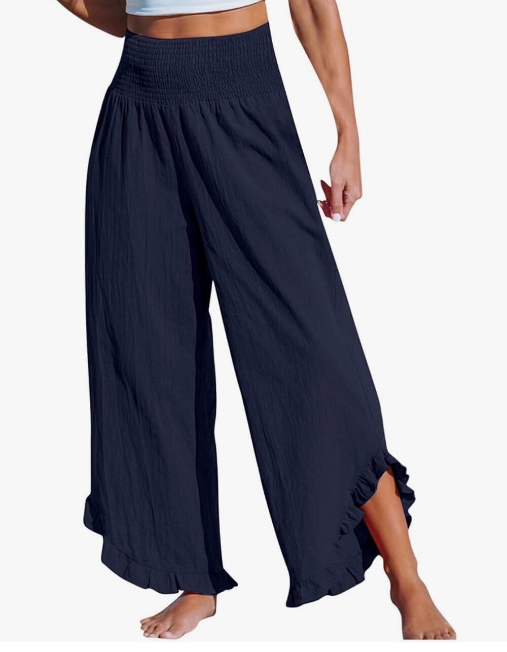 Cotton Blue Ruffle Pans Flowy Airy Navy Cupshe Ankle pants